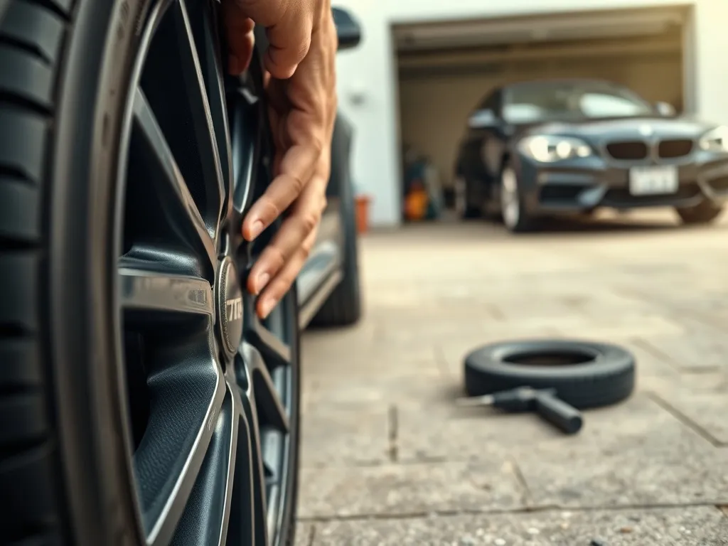 Ręce ustawiają oponę z bieżnikiem kierunkowym zgodnie ze strzałką na boku, przy aucie zaparkowanym na podjeździe