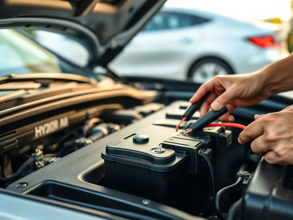 Podłączanie kabli rozruchowych do małego akumulatora 12V w hybrydzie, pokazane krok po kroku w komorze silnika.