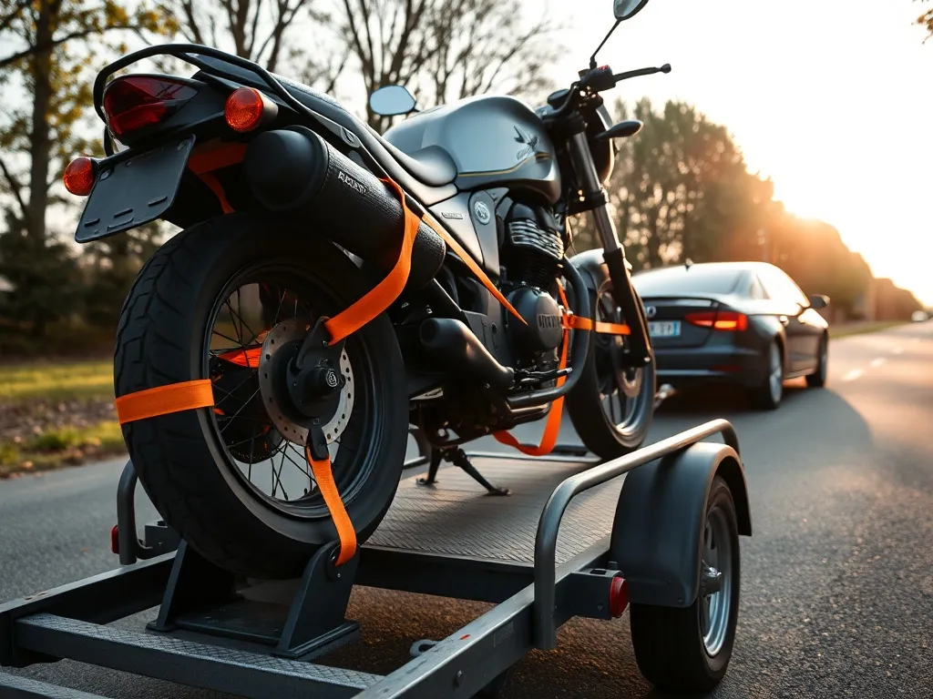 Motocykl solidnie przypięty pasami na małej przyczepie z klinem pod koło, holowany przez auto na spokojnej, słonecznej drodze