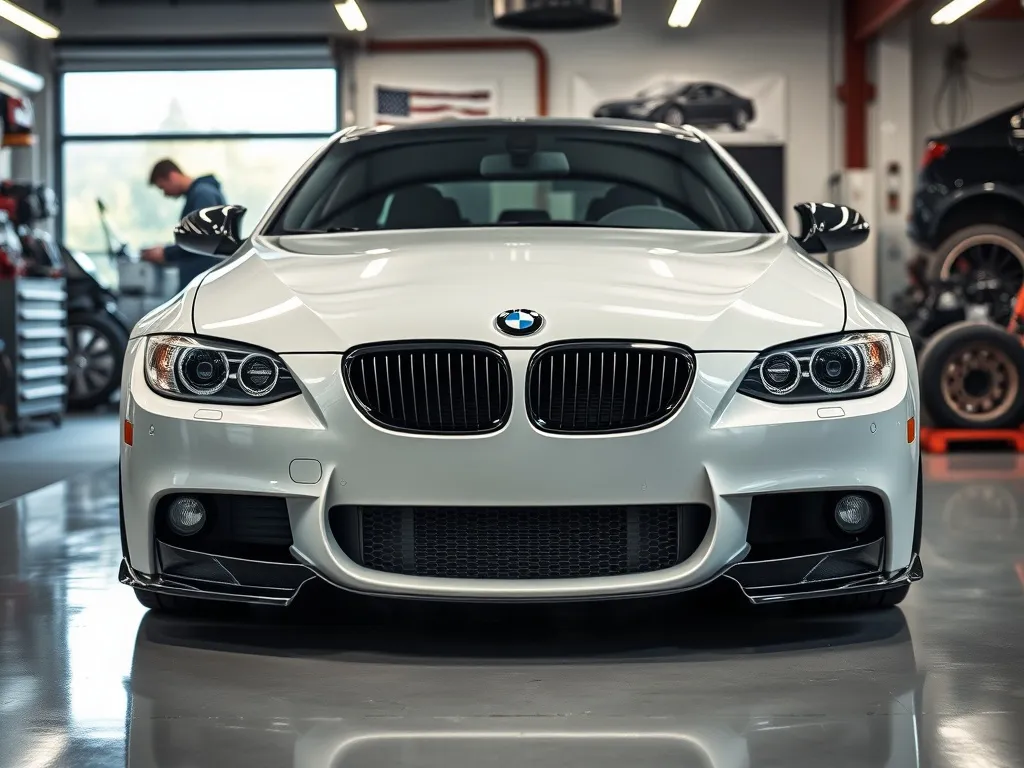 BMW E90 z zamontowanym body kitem w warsztacie, podkreślone zderzaki i progi, w tle mechanik pracujący przy innym aucie