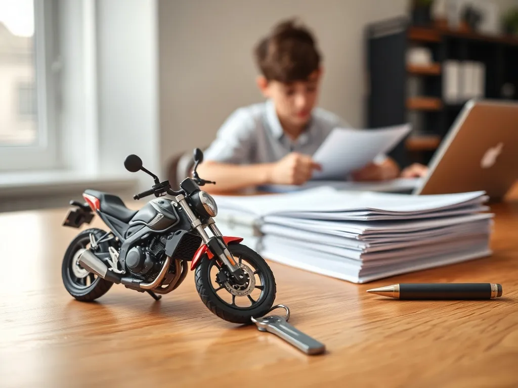 Kluczyki do motocykla i dokumenty na stole, w tle młoda osoba ucząca się do prawa jazdy na motor.