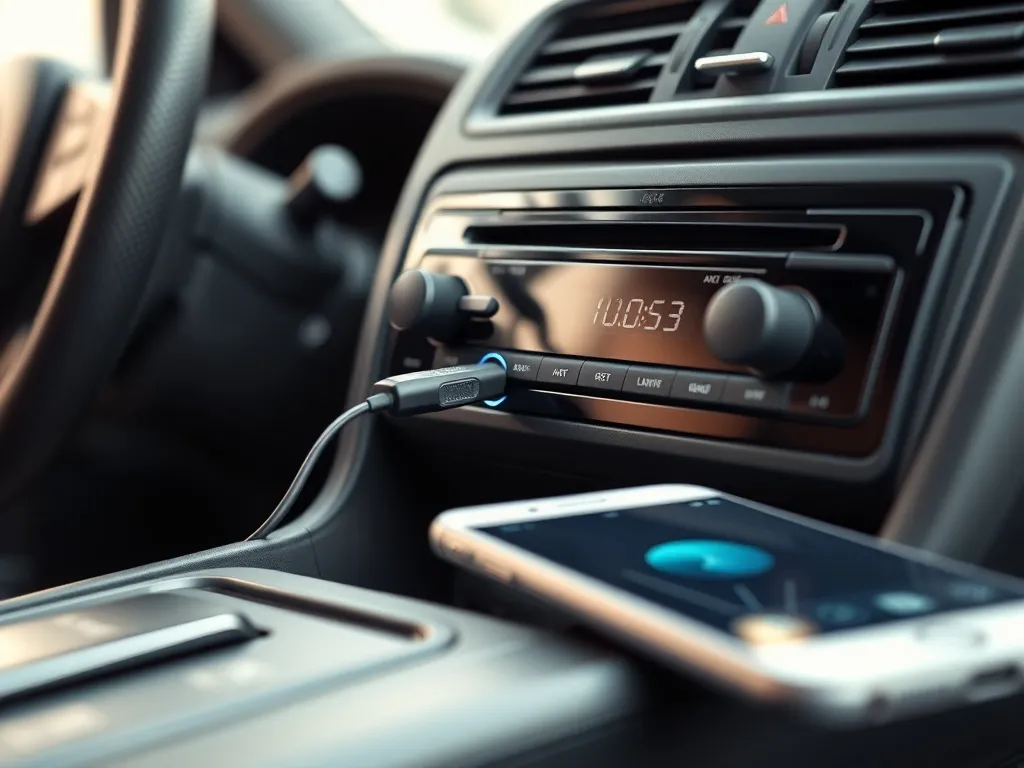 Adapter Bluetooth podłączony do gniazda AUX w radiu samochodowym, obok smartfon odtwarzający muzykę.