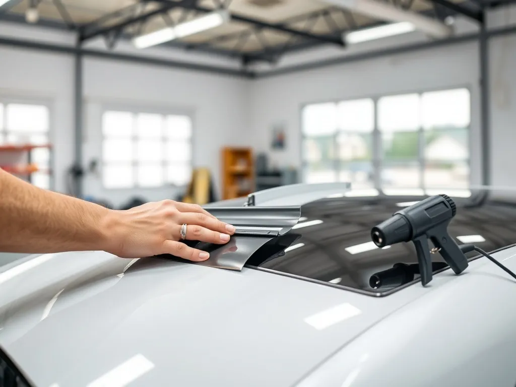 Ręce nakładają folię na dach auta w jasnym garażu, obok leżą podstawowe narzędzia do oklejania samochodu.