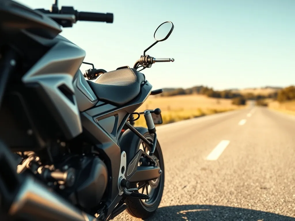 Smukły, niewielki motocykl sportowy z subtelnymi pastelowymi akcentami, stojący na pustej, słonecznej drodze.