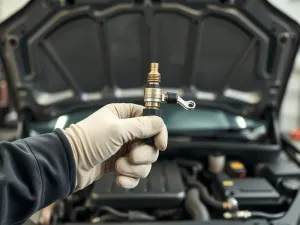 Nowoczesne auto po lekkim tuningu w zadbanym garażu, w tle mechanik pracujący nad kolejnym samochodem.