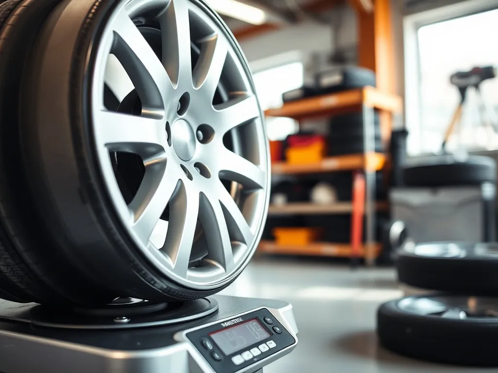 Srebrna 16-calowa felga aluminiowa na wadze w warsztacie, ilustracja orientacyjnej masy felgi samochodowej.