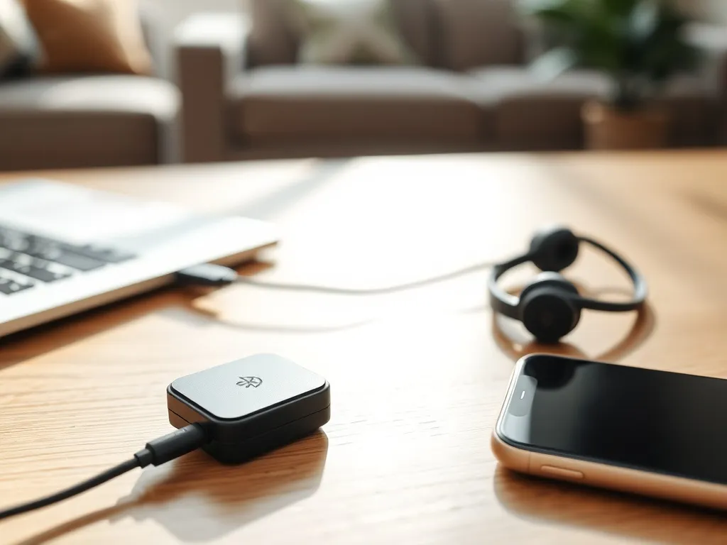 Transmiter Bluetooth podłączony do laptopa na biurku obok słuchawek i smartfona, ilustruje domowe zastosowanie urządzenia