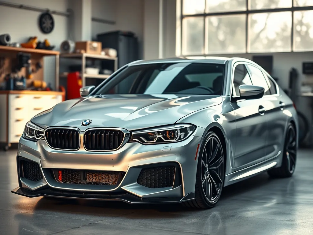 Srebrne BMW F30 w garażu prezentujące sportowy body kit: agresywny zderzak, progi i dyfuzor, podkreślone liniami nadwozia.