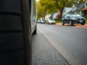 Znak STOP przy pustym skrzyżowaniu z wyraźną linią zatrzymania na jezdni w spokojnej, osiedlowej okolicy