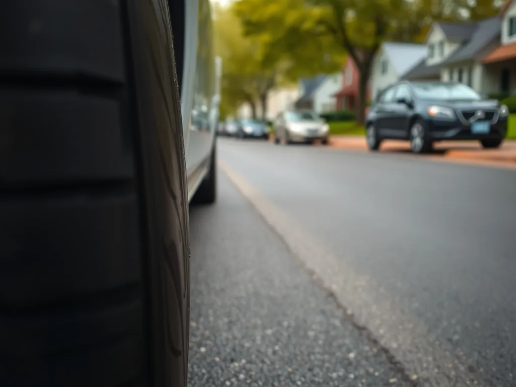 Zbliżenie na bieżnik opony całorocznej na wilgotnym asfalcie, podkreślające jej stan i trwałość w codziennym użytkowaniu.
