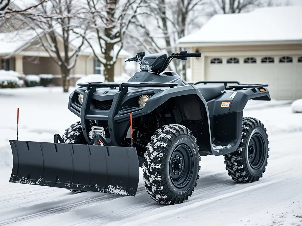 Quad z pługiem śnieżnym na zaśnieżonym podjeździe przed domem, prezentujący sprzęt do odśnieżania zimą.