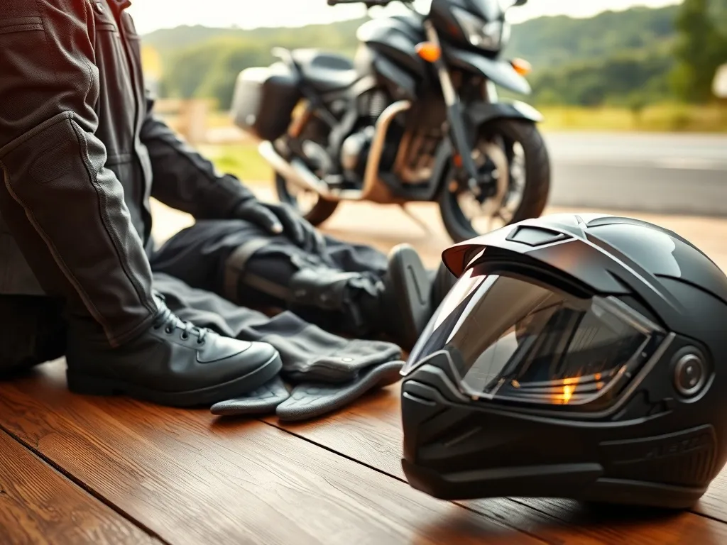 Kompletny strój motocyklowy turystyczny ułożony na podłodze, w tle motocykl przy malowniczej drodze w słoneczny dzień