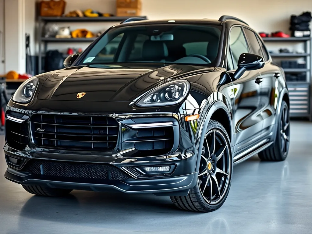 Czarny Porsche Cayenne w garażu, wyeksponowany sportowy body kit: agresywny zderzak, progi boczne i duże alufelgi.