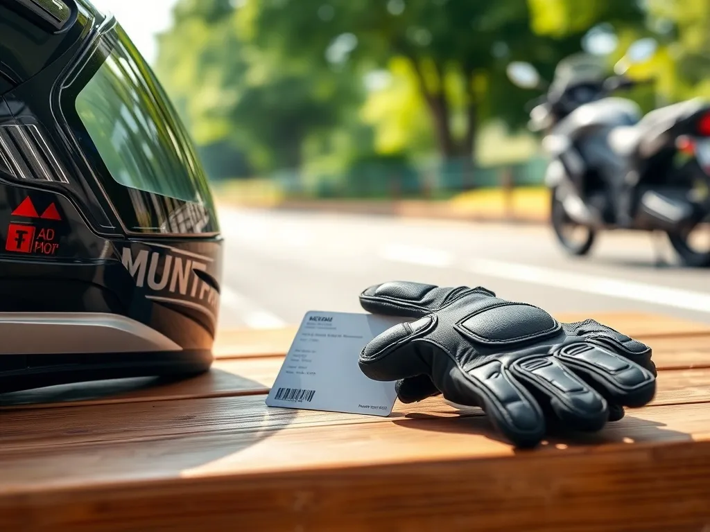 Prawo jazdy na motocykl obok rękawic i kasku na stole, w tle zaparkowany motocykl przy spokojnej drodze