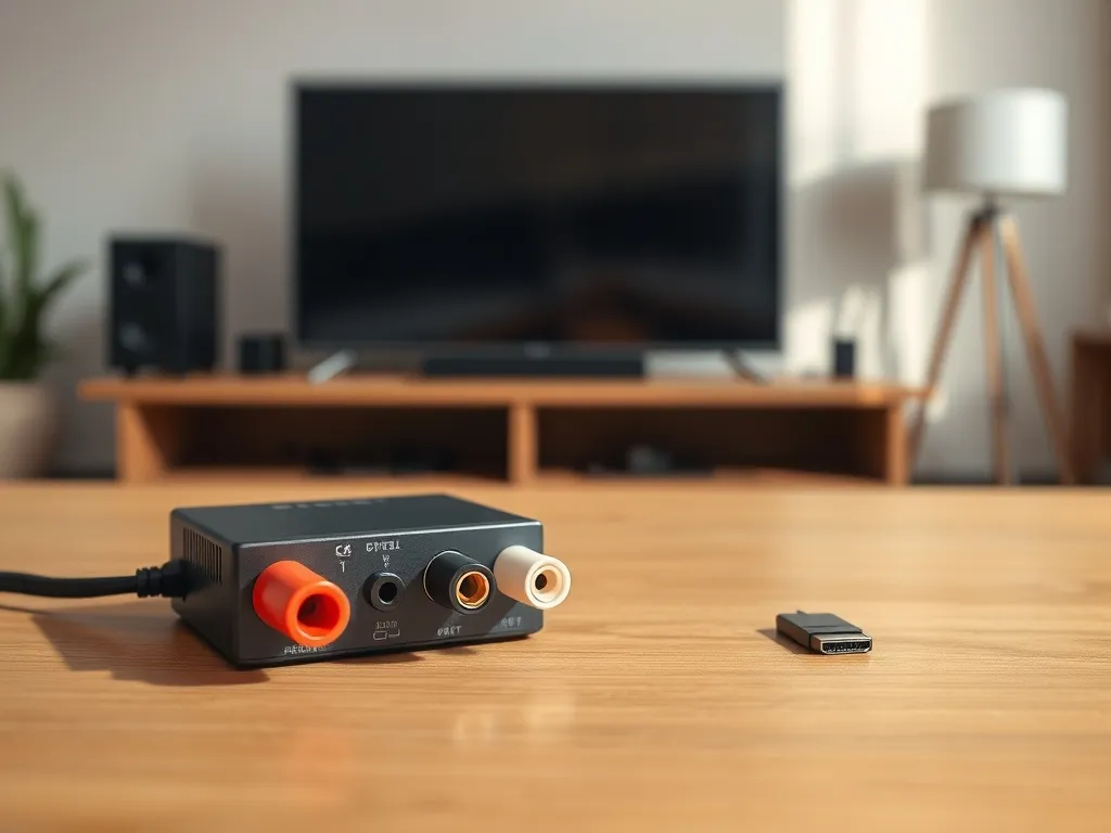 Konwerter RCA z podłączonymi kablami przy telewizorze, ilustrujący sposób podłączenia sprzętu krok po kroku