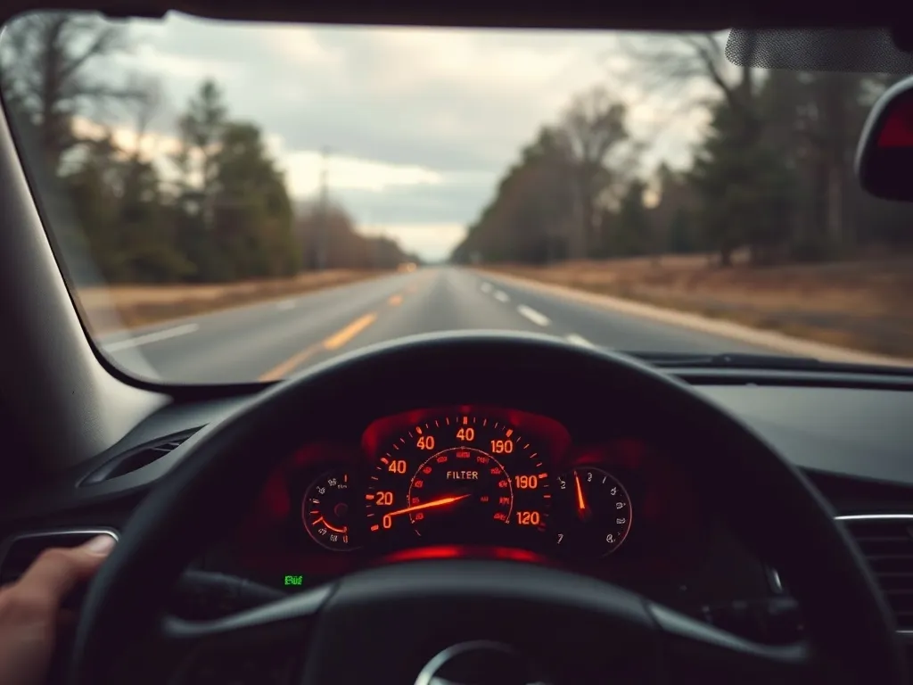 Kontrolki silnika i filtra DPF świecące na desce rozdzielczej auta, widok kierownicy i spokojnej drogi w tle.