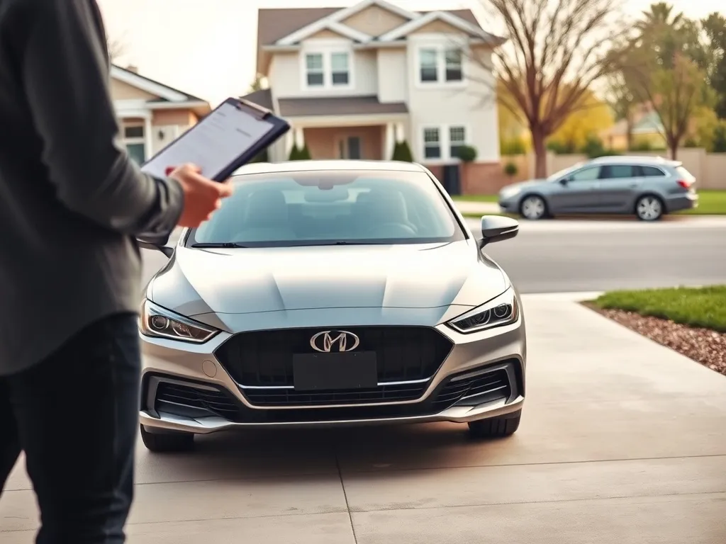 Osoba z notatnikiem i telefonem dokładnie ogląda zaparkowany samochód, oceniając jego wartość rynkową.