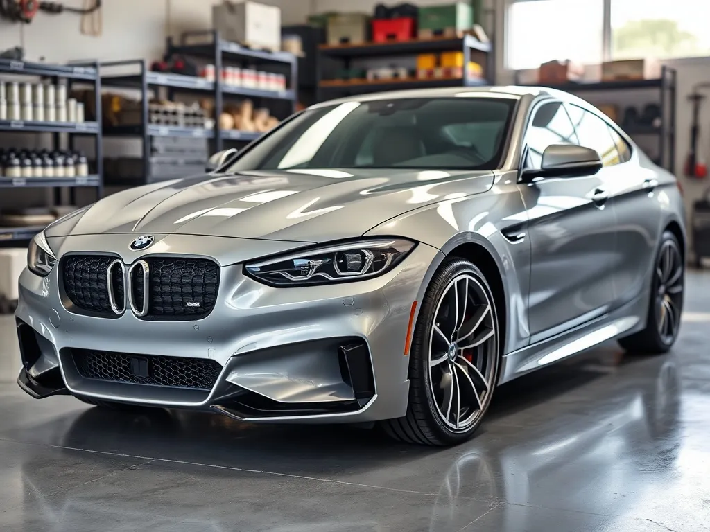 Samochód w połowie seryjny, w połowie po tuningu wizualnym, na tle profesjonalnego warsztatu detailingowego