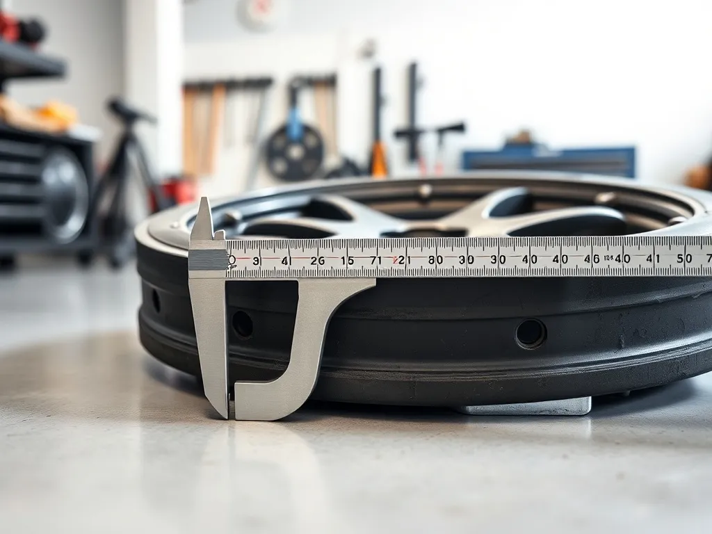 Mechanik mierzy rozstaw śrub w feldze suwmiarką, pokazując prawidłowy sposób pomiaru w warsztacie samochodowym.