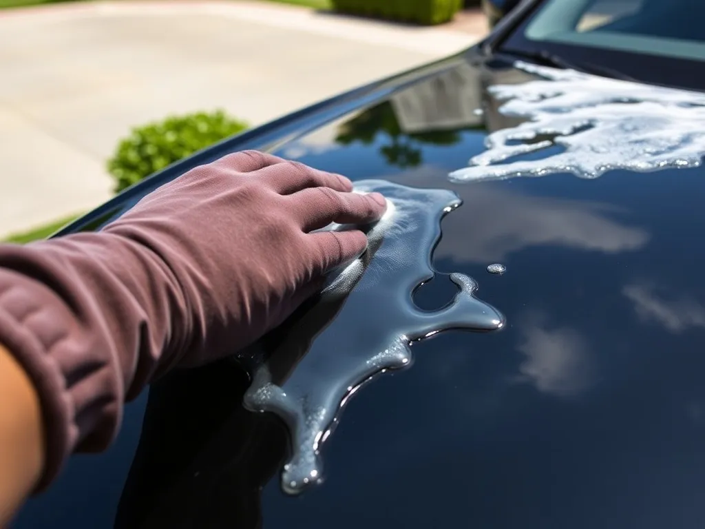 Ręka w rękawicy z mikrofibry delikatnie myje pianą ceramicznie zabezpieczony lakier ciemnego auta w słoneczny dzień