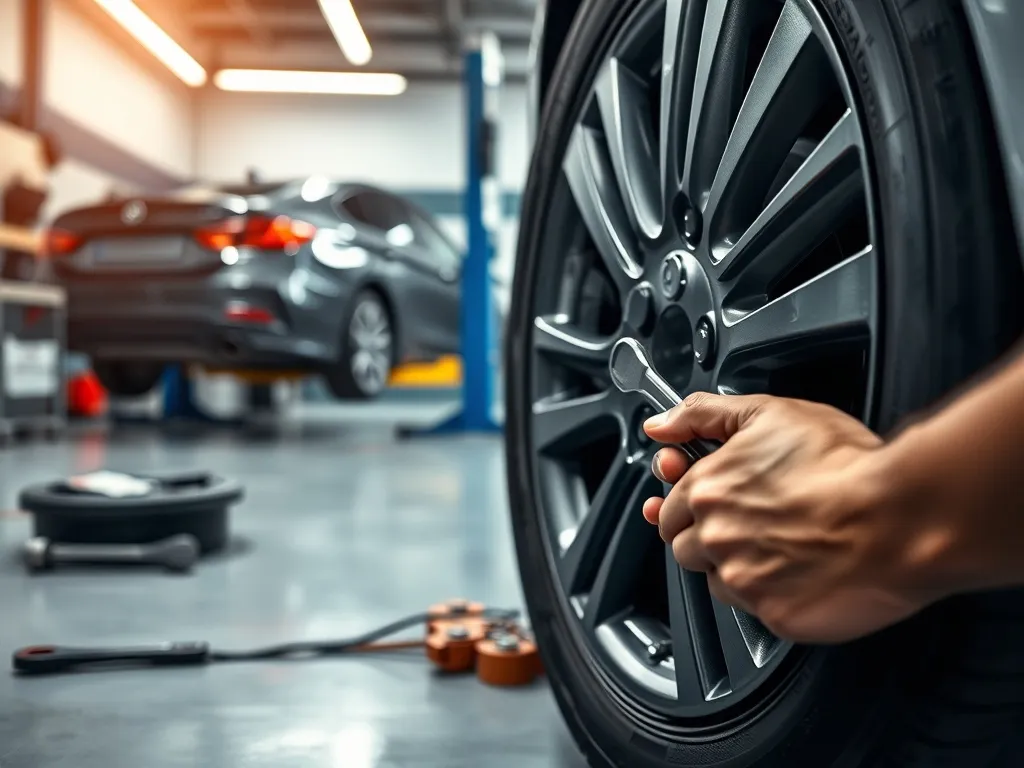 Mechanik wymienia oponę przy podniesionym aucie w nowoczesnym warsztacie, widoczne klucze i nakrętki na podłodze