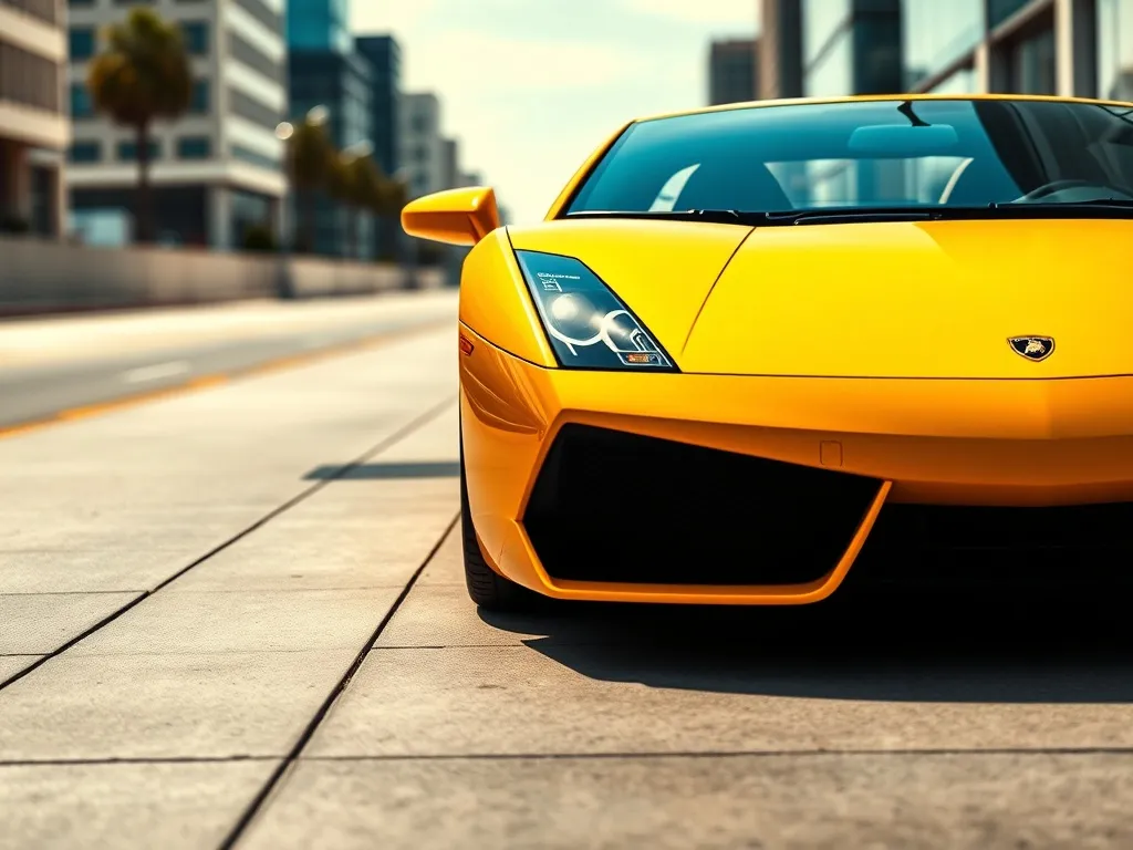 Żółte Lamborghini Gallardo na nowoczesnej ulicy, podkreślające design i charakterystyczny front auta.