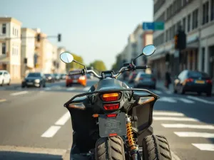 Quad z lusterkami i światłami zaparkowany przy miejskiej ulicy, podkreślający możliwość jazdy quadem po drogach publicznych.