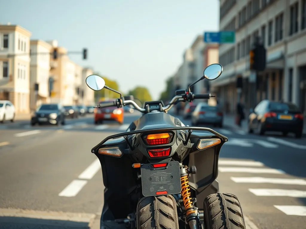 Quad z lusterkami i światłami zaparkowany przy miejskiej ulicy, podkreślający możliwość jazdy quadem po drogach publicznych.