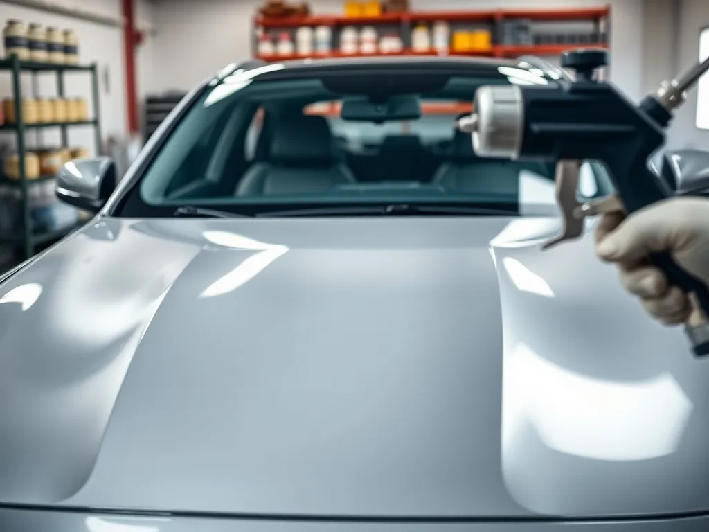 Samochód o świeżo polakierowanej, błyszczącej karoserii w profesjonalnym warsztacie lakierniczym, widoczny pistolet lakierniczy.