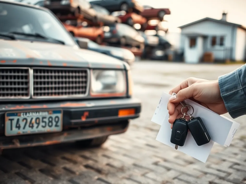 Stare auto przed stacją demontażu, ręka z kluczami i dokumentami – przygotowanie do zezłomowania pojazdu.