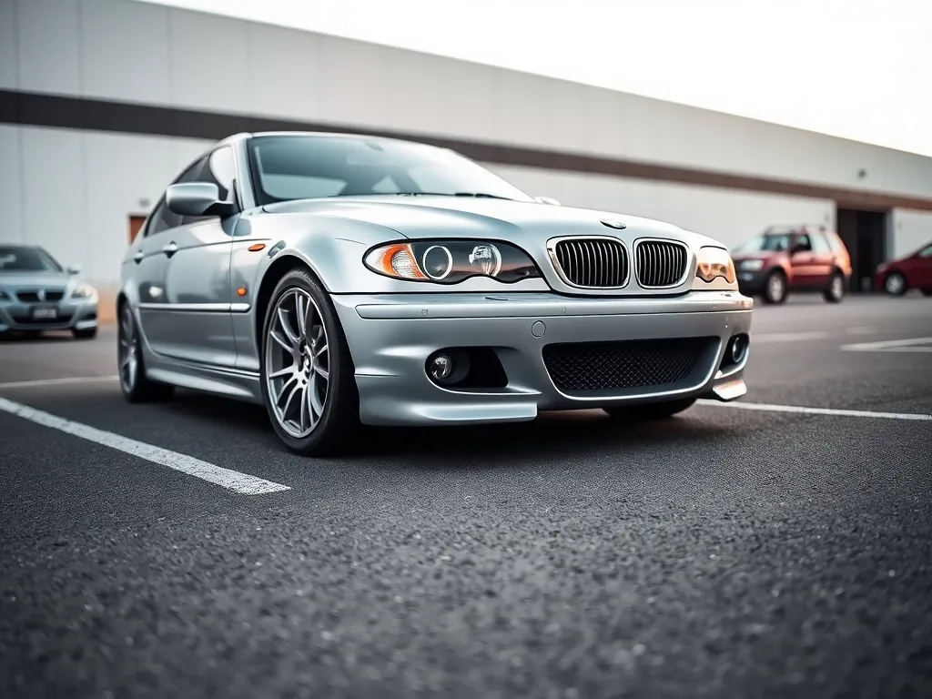 Srebrne BMW E46 z dyskretnym body kitem, podkreślone dokładne zderzaki, progi i alufelgi na czystym parkingu