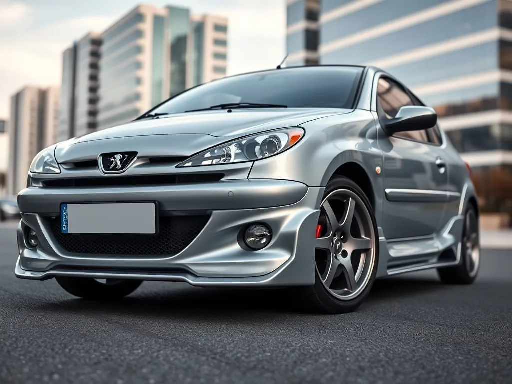 Srebrny Peugeot 206 z obniżonym zawieszeniem i sportowym body kitem, podkreślającym tuning nadwozia na ulicy miejskiej.
