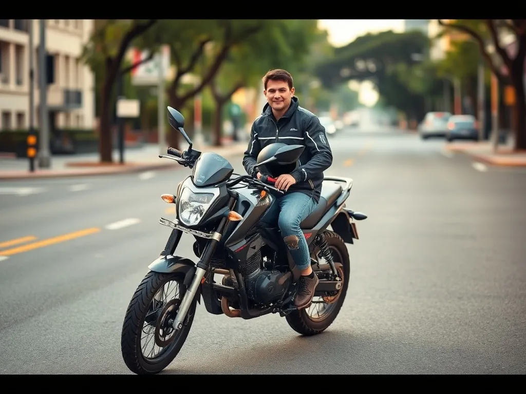 Niski motocykl dla początkujących obok osoby średniego wzrostu, pokazujący wygodną wysokość siedzenia w miejskim otoczeniu.