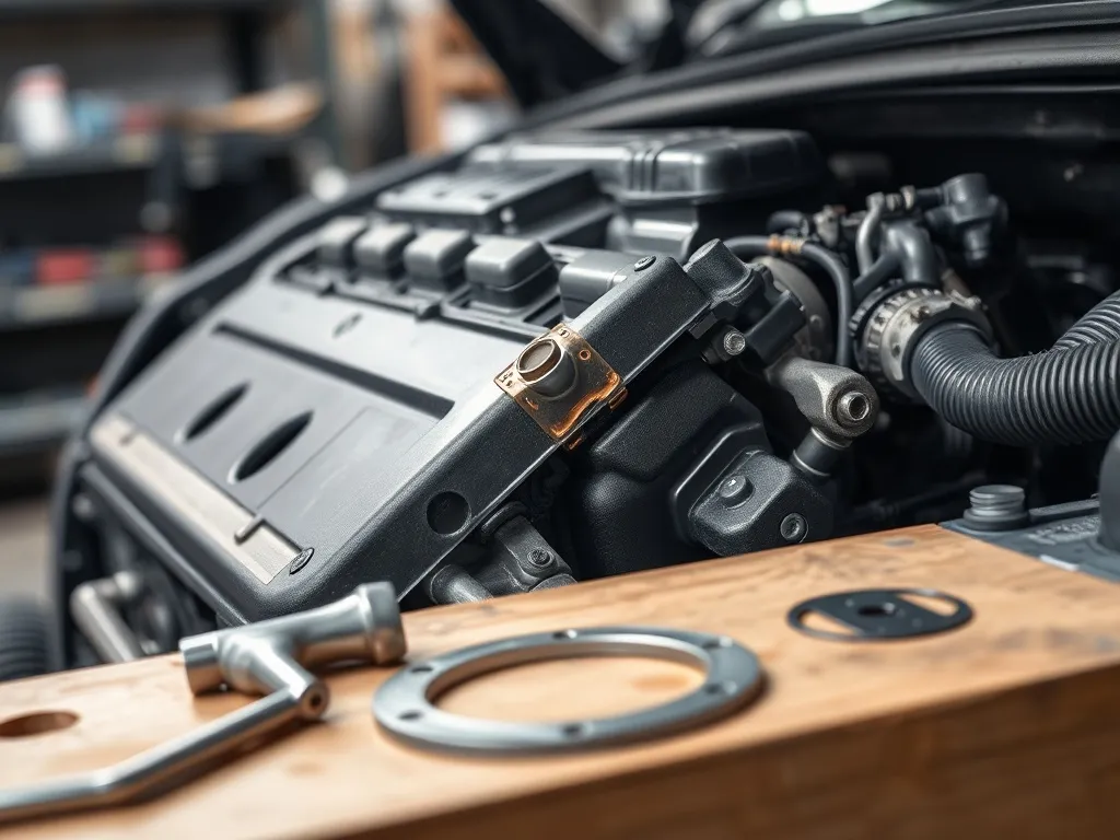 Silnik z nieszczelną pokrywą zaworów, wyciek oleju i przygotowana nowa uszczelka do naprawy na stole warsztatowym.