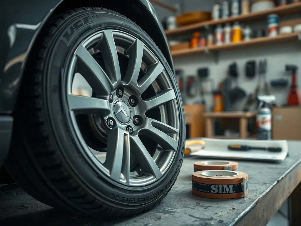 Felga aluminiowa na stole w garażu, w połowie zeszlifowana przed malowaniem, obok bloczek ścierny i taśma maskująca.