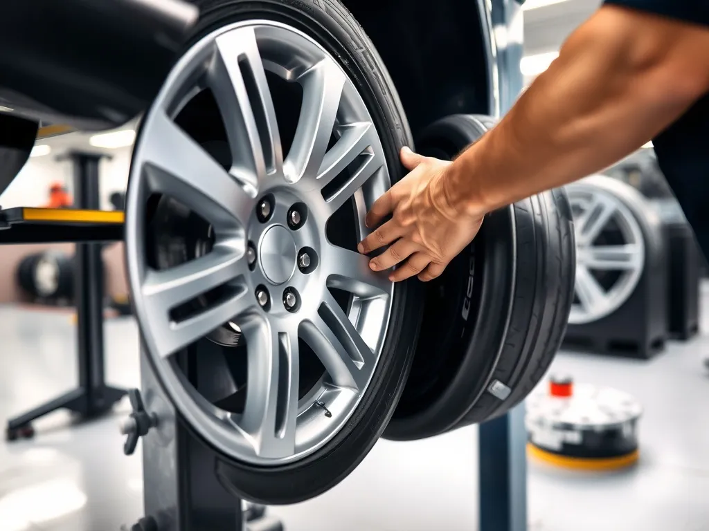 Mechanik wymienia oponę na feldze aluminiowej w nowoczesnym warsztacie, ukazując precyzyjną i wymagającą pracę.