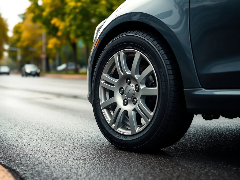 Samochodowe koło z oponą wielosezonową na lekko mokrym asfalcie, w tle miasto i drzewa w zmieniających się porach roku