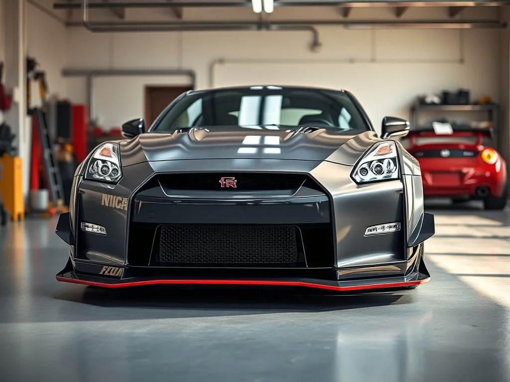 Nissan GTR w obniżonym zawieszeniu i agresywnym body kicie, podkreślającym splitter, progi i felgi w nowoczesnym garażu