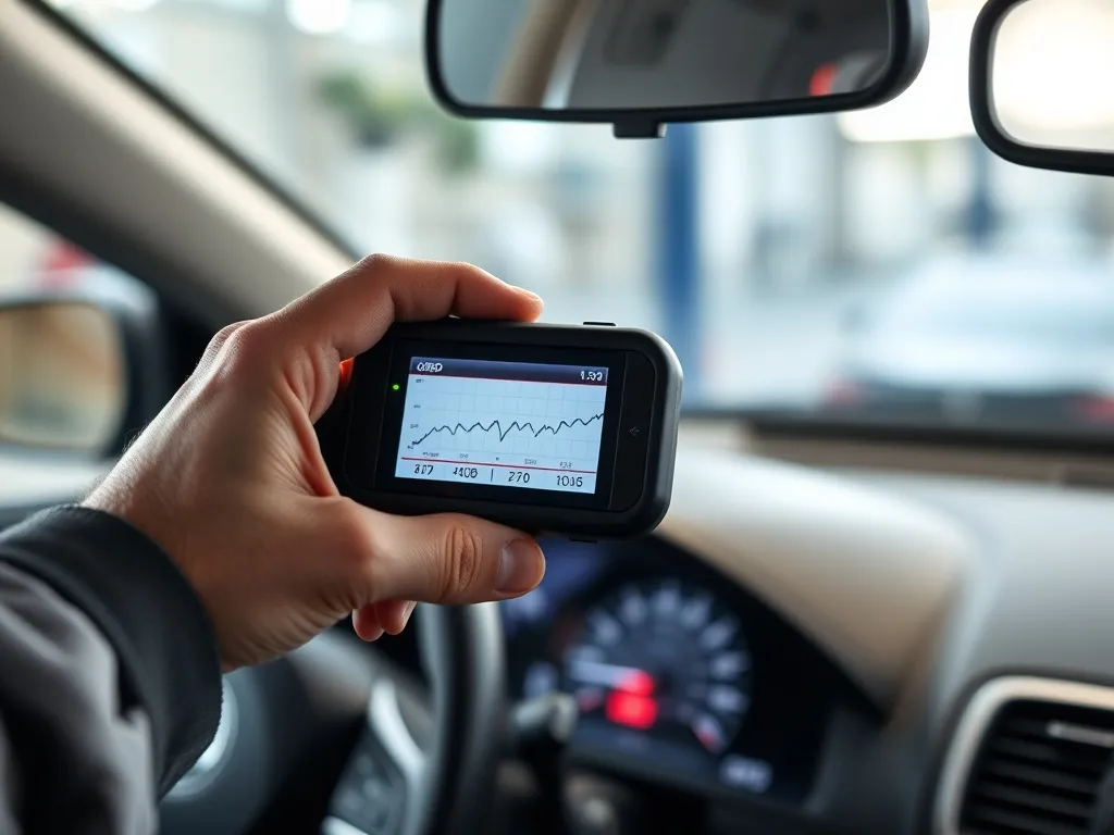 Mechanik sprawdza parametry DPF skanerem OBD na desce rozdzielczej, podkreślając kontrolę różnicy ciśnień