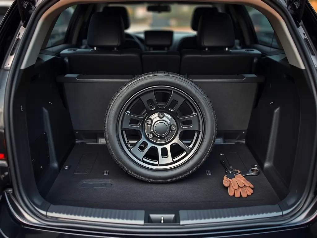 Koło zapasowe solidnie przymocowane w schowku pod podłogą bagażnika, obok leżą klucz i rękawice.