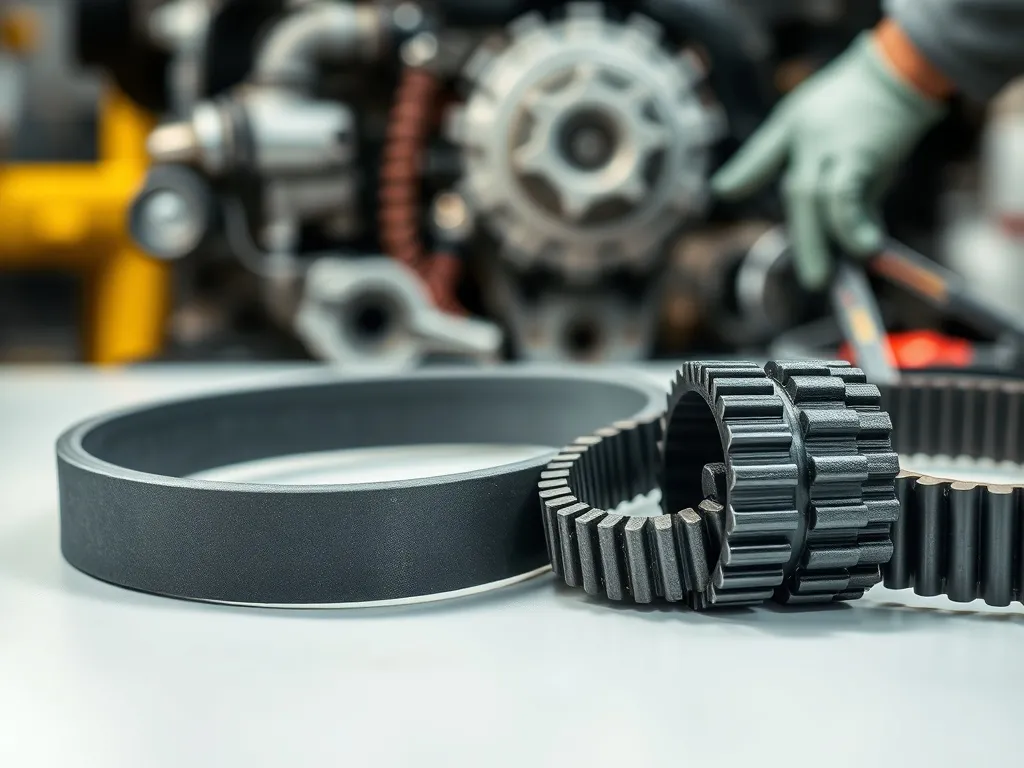 Pasek klinowy i pasek rozrządu obok siebie na stole warsztatowym, w tle mechanik pracujący przy silniku samochodu.