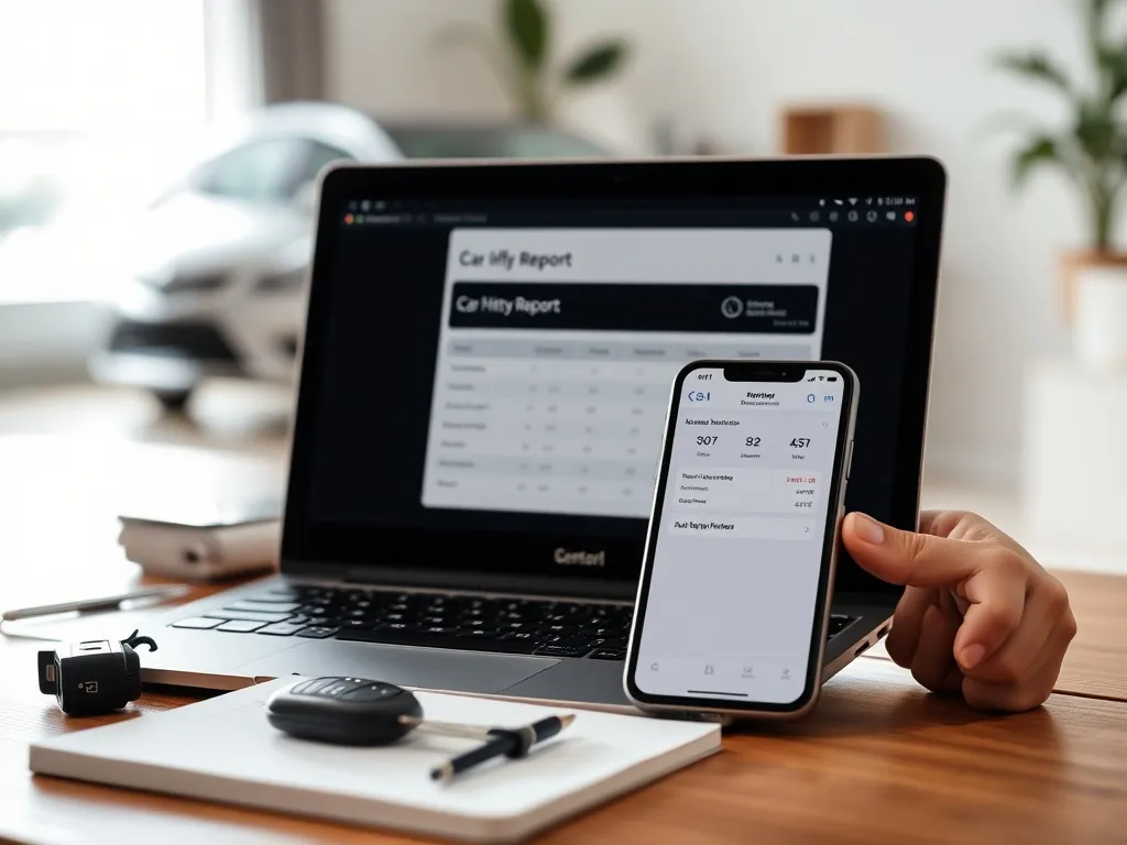 Laptop z raportem historii auta po VIN obok smartfona, kluczyków i notatnika w domowym biurze z zaparkowanym samochodem w tle.