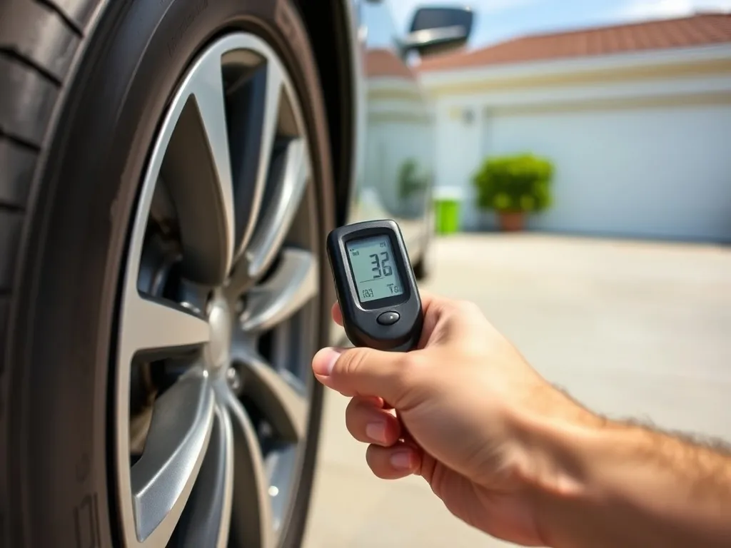 Ręka mierzy ciśnienie w oponie samochodu cyfrowym manometrem, pokazując prawidłową kontrolę opon na podjeździe.