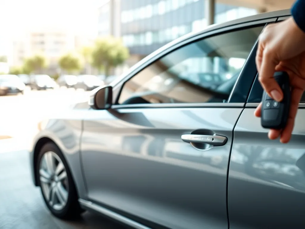 Klient z kluczykiem przy zadbanym aucie w komisie, symbolizujący sprzedaż samochodu w Bydgoszczy i ustalanie ceny.