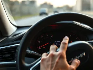 Samochód o świeżo polakierowanej, błyszczącej karoserii w profesjonalnym warsztacie lakierniczym, widoczny pistolet lakierniczy.