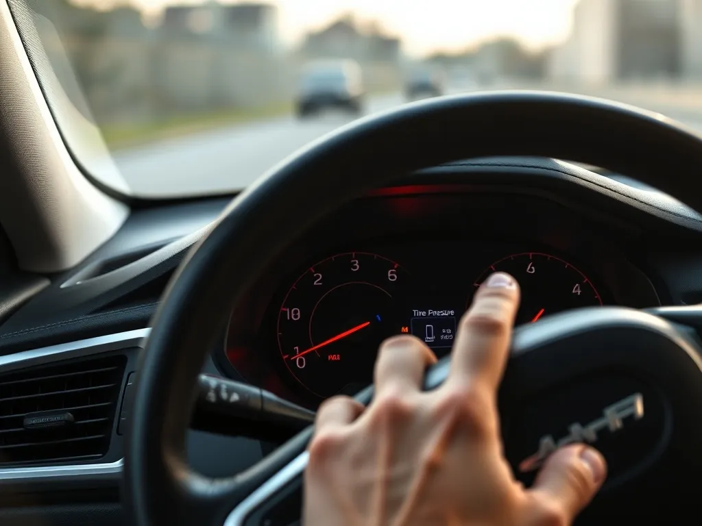Zbliżenie deski rozdzielczej z włączoną kontrolką ciśnienia opon, kierowca sięga do kierownicy w spokojnej, instruktażowej scenerii.
