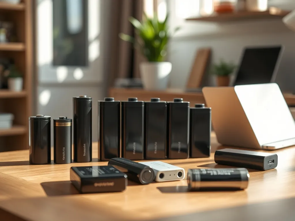 Różne nowoczesne akumulatory na stole w domowym wnętrzu, ilustrujące porównanie i wybór najlepszych baterii.