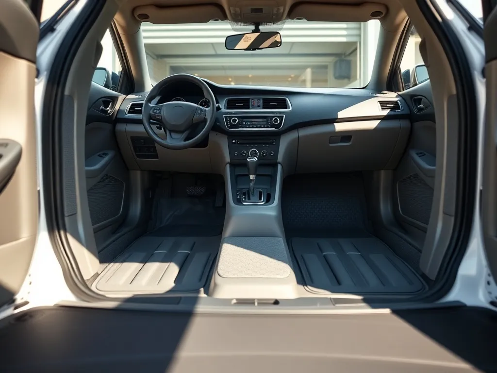 Wnętrze samochodu z otwartymi drzwiami, wyeksponowane czyste, dopasowane dywaniki kierowcy i pasażera w jasnym świetle dziennym.