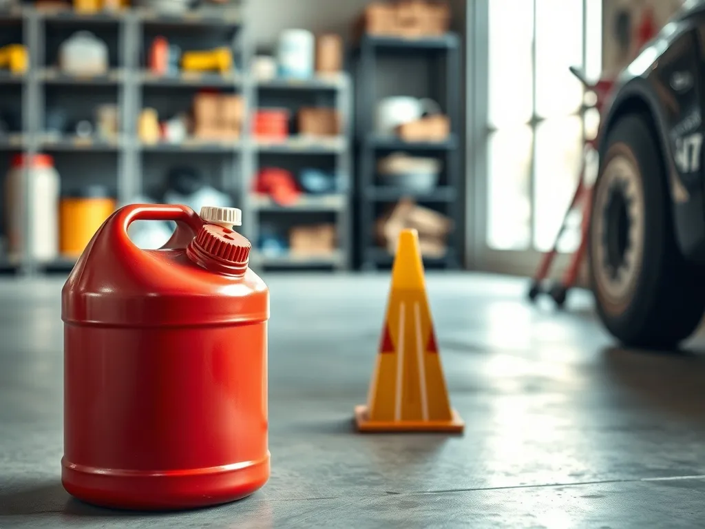 Czerwony kanister z benzyną w garażu obok rękawicy i pachołka, symbol bezpiecznego przechowywania paliwa w domu.