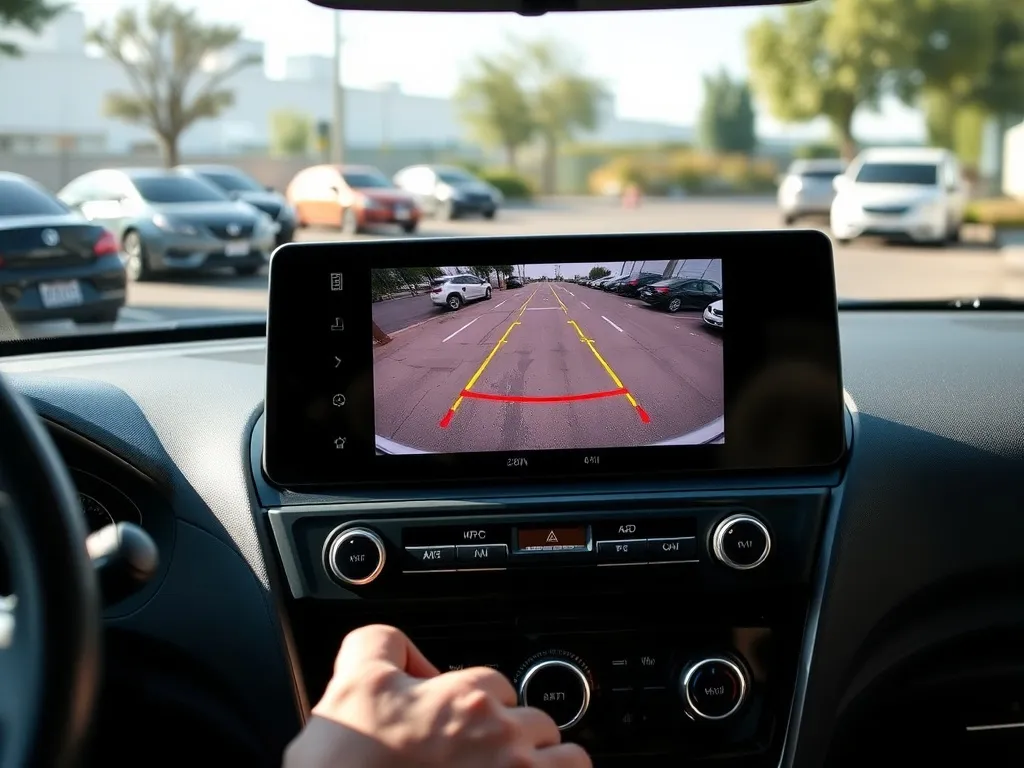 Radio 2DIN na desce rozdzielczej wyświetlające obraz z kamery cofania z liniami pomocniczymi na parkingu.